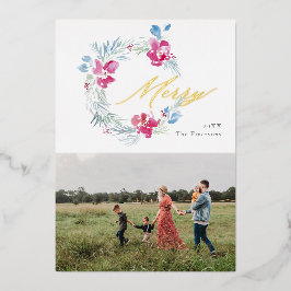 Tarjeta Festiva Con Relieve Metalizado Feliz Navidad Flor de color azul rosa azul rosa az