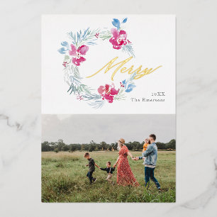 Tarjeta Festiva Con Relieve Metalizado Feliz Navidad Flor de color azul rosa azul rosa az