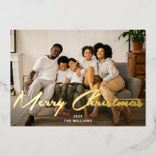 Tarjeta Festiva Con Relieve Metalizado Feliz Navidad Foco con guión de pincel de oro Real