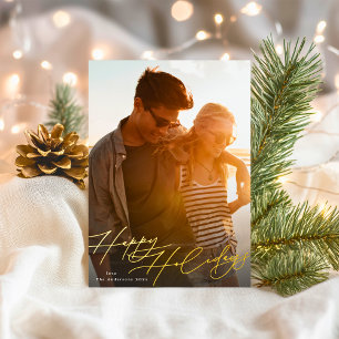 Tarjeta Festiva Con Relieve Metalizado Feliz Navidad Foto Caligrafía Guión Dorado