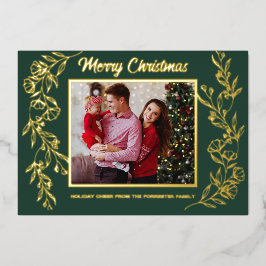 Tarjeta Festiva Con Relieve Metalizado Feliz Navidad foto de familia arte de hoja verde