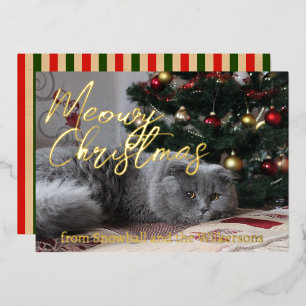 Tarjeta Festiva Con Relieve Metalizado Feliz Navidad Foto de Gato Personalizada