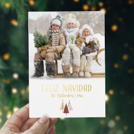 Tarjeta Festiva Con Relieve Metalizado Feliz Navidad Foto Elegante Escritura Dorada de Na