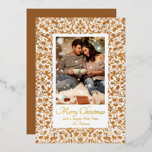 Tarjeta Festiva Con Relieve Metalizado Feliz Navidad Foto Floral Ornamentada