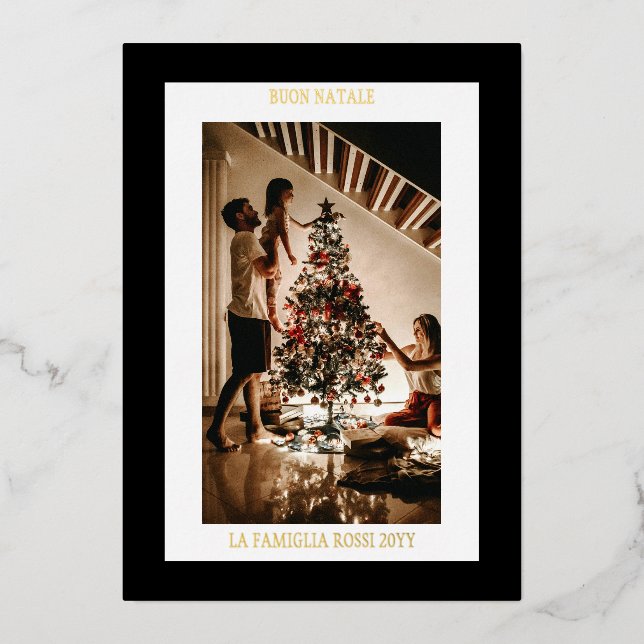 Tarjeta Festiva Con Relieve Metalizado Feliz Navidad Foto Moderna Simple de Oro Negro (Anverso)