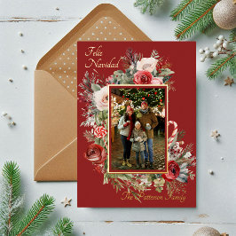 Tarjeta Festiva Con Relieve Metalizado Feliz Navidad Foto Relieve metalizado floral Españ