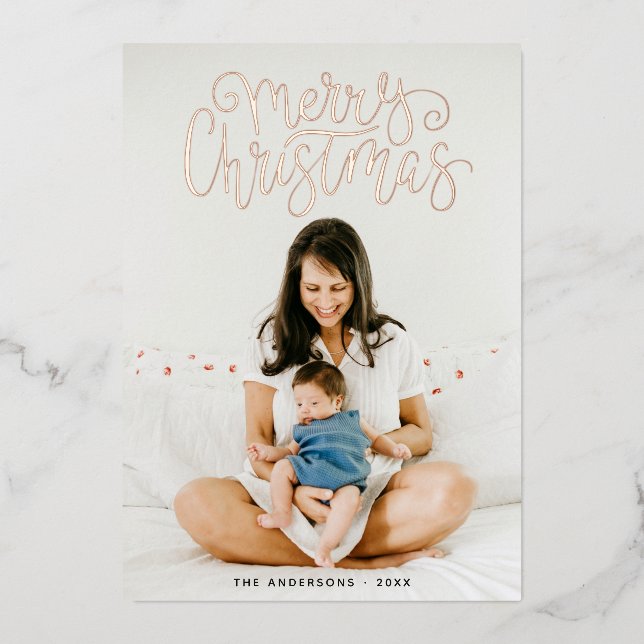 Tarjeta Festiva Con Relieve Metalizado Feliz Navidad. Fotografía de caligrafía de guión d (Anverso)