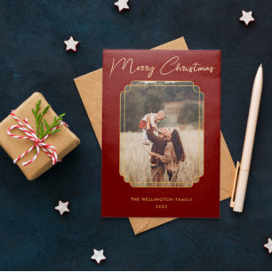 Tarjeta Festiva Con Relieve Metalizado Feliz Navidad Fotos Rojas Fotograma dorado Snowfla