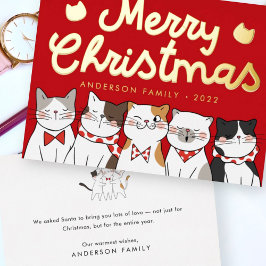 Tarjeta Festiva Con Relieve Metalizado Feliz Navidad Gatitos Divertidos y Lindos Cantando