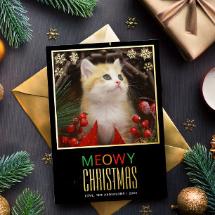Tarjeta Festiva Con Relieve Metalizado Feliz Navidad Gato Bonito Mascota Foto & Copos de