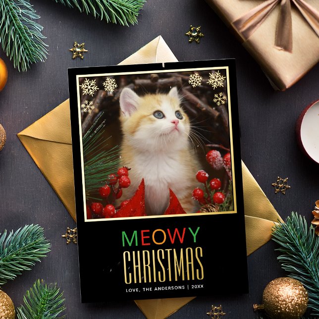 Tarjeta Festiva Con Relieve Metalizado Feliz Navidad Gato Bonito Mascota Foto & Copos de  (Subido por el creador)