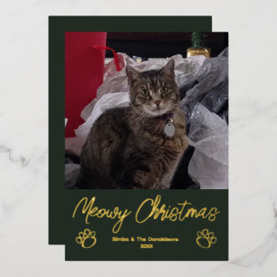 Tarjeta Festiva Con Relieve Metalizado Feliz Navidad Gato Foto Huella de Garra