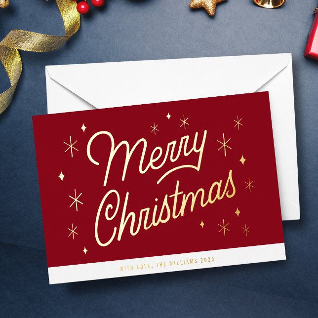 Tarjeta Festiva Con Relieve Metalizado Feliz Navidad Gold (Elegant Merry Christmas Card. Gold Foil Script Lettering over a holiday red background. )
