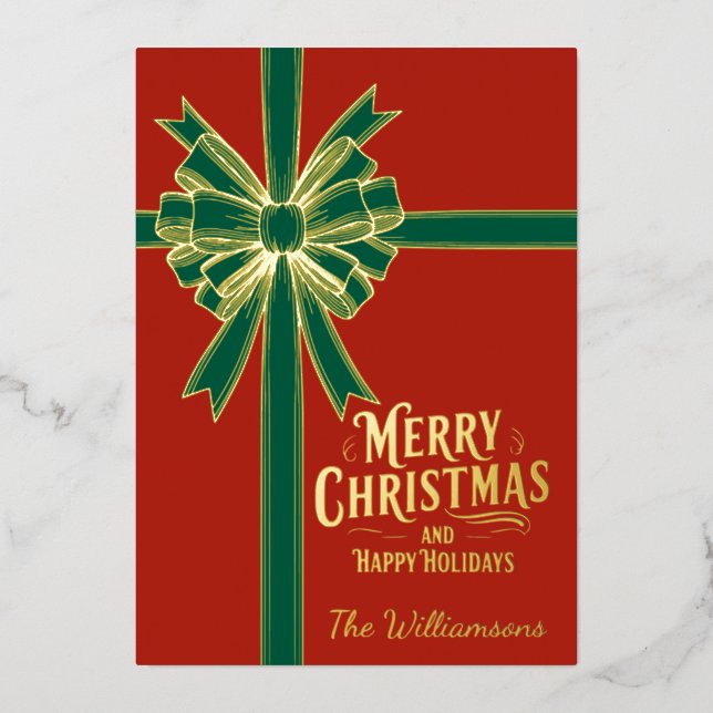 Tarjeta Festiva Con Relieve Metalizado Feliz Navidad, Gold Bow, imágenes rojas (Anverso)