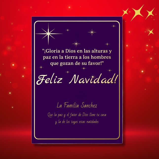 Tarjeta Festiva Con Relieve Metalizado Feliz Navidad Golden & Purple Luke 2:14 Verse (Spanish Christmas greetings, customizable bible verse in Spanish, Con Jesus en el camino)