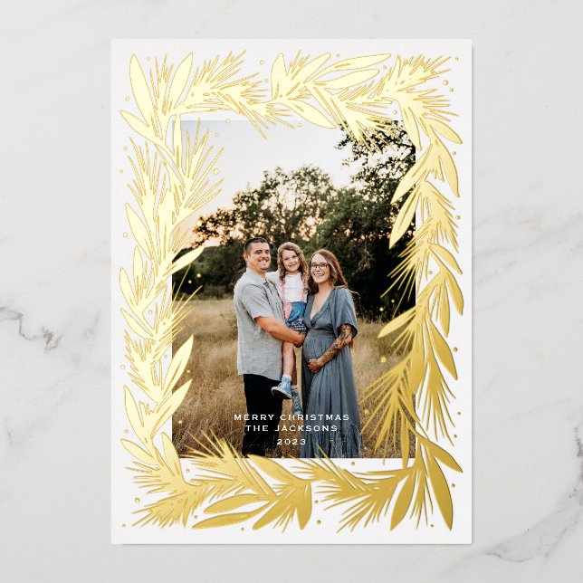 Tarjeta Festiva Con Relieve Metalizado Feliz Navidad Golden Wreath (Anverso)