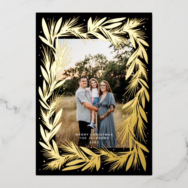 Tarjeta Festiva Con Relieve Metalizado Feliz Navidad Golden Wreath Black (Anverso)