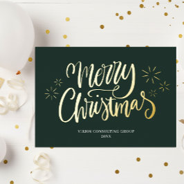 Tarjeta Festiva Con Relieve Metalizado Feliz Navidad Green Gold Calligraphy Business