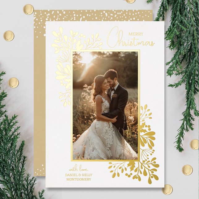 Tarjeta Festiva Con Relieve Metalizado Feliz Navidad Greenery Gold (REAL gold foil! Merry Christmas Greenery Holiday Cards)