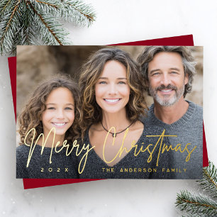 Tarjeta Festiva Con Relieve Metalizado Feliz Navidad guión moderno foto rojo profundo