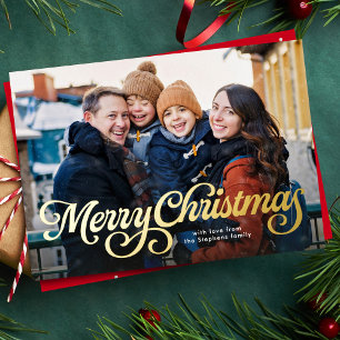 Tarjeta Festiva Con Relieve Metalizado Feliz Navidad guión retro cuatro fotos