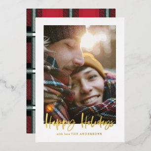 Tarjeta Festiva Con Relieve Metalizado feliz Navidad guión rojo tartán foto vacaciones co