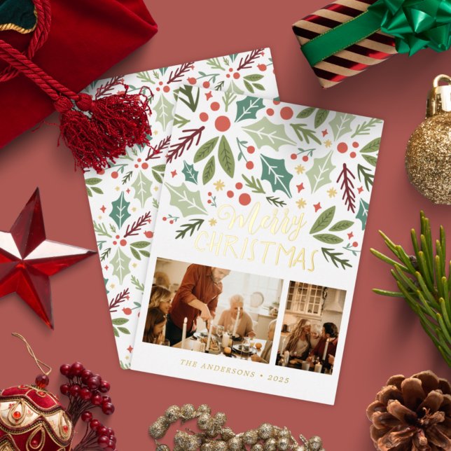 Tarjeta Festiva Con Relieve Metalizado Feliz Navidad Holly Berry Foliage Dos fotos (Subido por el creador)