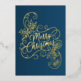 Tarjeta Festiva Con Relieve Metalizado Feliz Navidad Holly Blue Greding