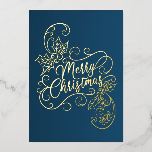 Tarjeta Festiva Con Relieve Metalizado Feliz Navidad Holly Blue Greding (Anverso)