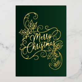 Tarjeta Festiva Con Relieve Metalizado Feliz Navidad Holly Green Grey