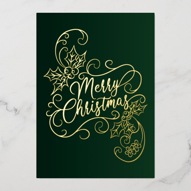 Tarjeta Festiva Con Relieve Metalizado Feliz Navidad Holly Green Grey (Anverso)