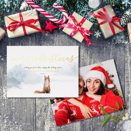 Tarjeta Festiva Con Relieve Metalizado Feliz Navidad Invierno Fox Photo Gold
