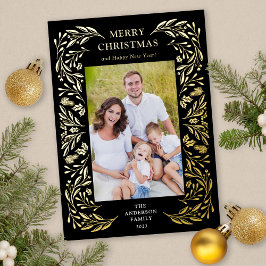 Tarjeta Festiva Con Relieve Metalizado Feliz Navidad Invierno Greenery Photo Gold