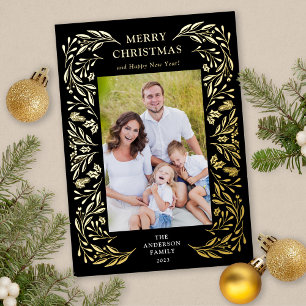 Tarjeta Festiva Con Relieve Metalizado Feliz Navidad Invierno Greenery Photo Gold