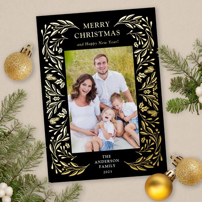 Tarjeta Festiva Con Relieve Metalizado Feliz Navidad Invierno Greenery Photo Gold (Gold Foil Christmas Card)