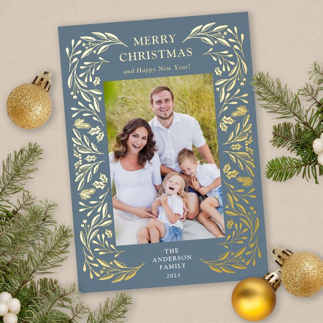 Tarjeta Festiva Con Relieve Metalizado Feliz Navidad Invierno Greenery Photo Gold (Gold Foil Christmas Card)