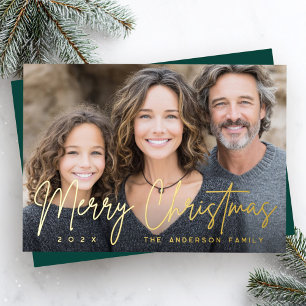 Tarjeta Festiva Con Relieve Metalizado Feliz Navidad letra moderna foto verde profundo