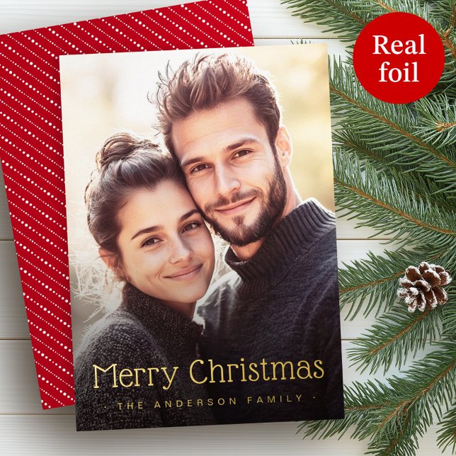 Tarjeta Festiva Con Relieve Metalizado Feliz Navidad linda tira punteada rayas rojas foto (Merry Christmas cute dotted stripes red photo Foil Holiday Card)