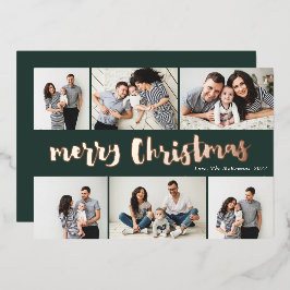 Tarjeta Festiva Con Relieve Metalizado Feliz Navidad Manuscrito 6 Fotos Rosa Dorado