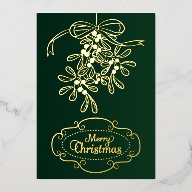 Tarjeta Festiva Con Relieve Metalizado Feliz Navidad Mistletoe Calligraphy Saludo (Anverso)