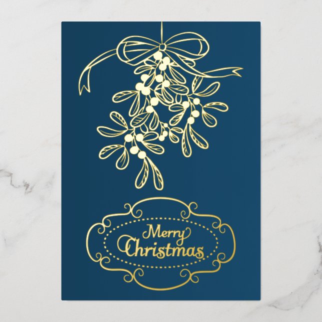 Tarjeta Festiva Con Relieve Metalizado Feliz Navidad Mistletoe Calligraphy Saludo (Anverso)