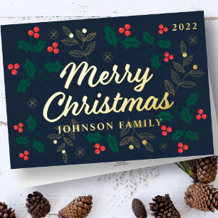 Tarjeta Festiva Con Relieve Metalizado Feliz Navidad Modernas Bayas de Acebo Follaje