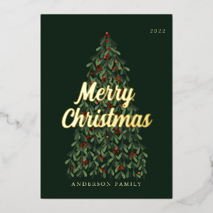 Tarjeta Festiva Con Relieve Metalizado Feliz Navidad Moderno Árbol de Navidad Elegante