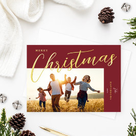 Tarjeta Festiva Con Relieve Metalizado Feliz Navidad Moderno Wine Gold Script Foto