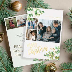 Tarjeta Festiva Con Relieve Metalizado Feliz Navidad, multi foto, follaje botánico