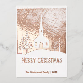 Tarjeta Festiva Con Relieve Metalizado Feliz Navidad Nieve Invierno Iglesia Personalizada