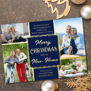 Tarjeta Festiva Con Relieve Metalizado Feliz Navidad Nueva Casa 4 Fotos Azul y Dorado
