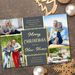 Tarjeta Festiva Con Relieve Metalizado Feliz Navidad Nueva Casa 4 Fotos Gris y Dorado