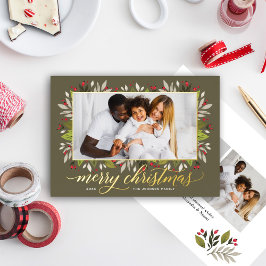 Tarjeta Festiva Con Relieve Metalizado Feliz Navidad Olive Green Gold Elegant Script