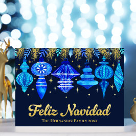 Tarjeta Festiva Con Relieve Metalizado Feliz Navidad Ornamentos Navy color de agua azul